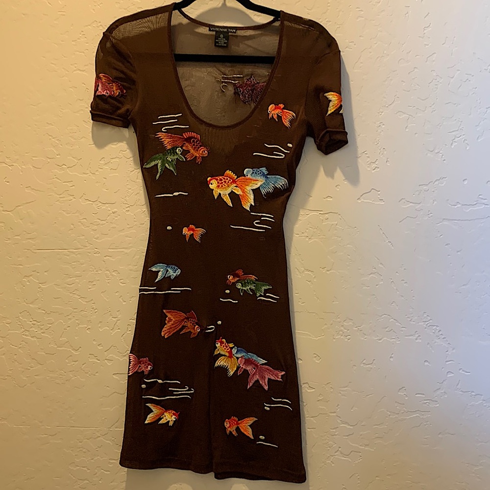 COPY - Fabulous Vivienne Tam, Size 0, chocolate dress with beautiful fish embro…